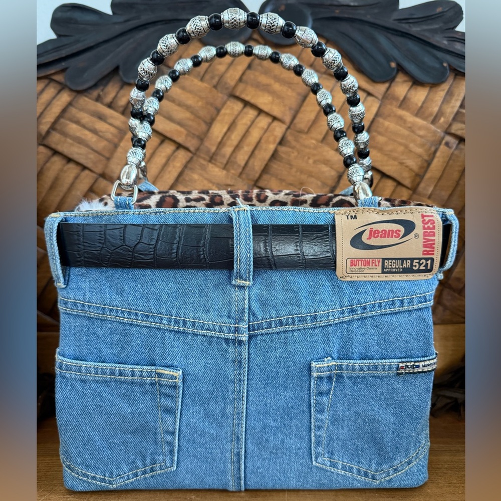 Urban Outfitters Vintage Blue Denim Tote Bag with Black Beaded Handle SOLD OUT - Picture 3 of 6
